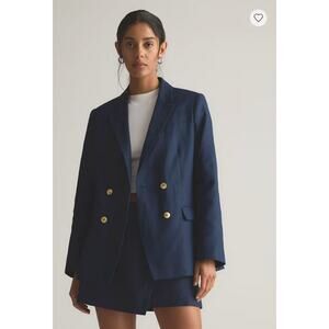 100% European Linen Relaxed Double-Breasted Blazer Deep Navy Size S